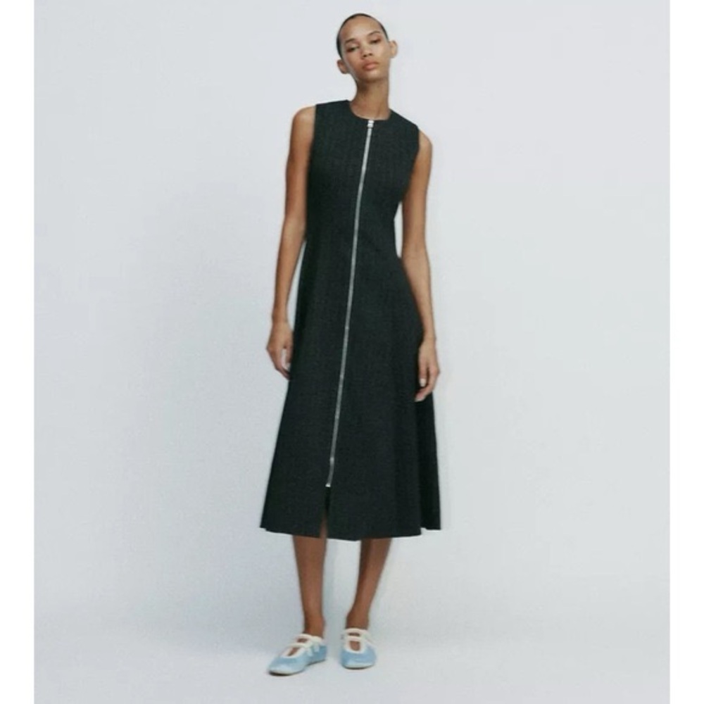 Zara pinstripe midi Dress Sz L grey beige